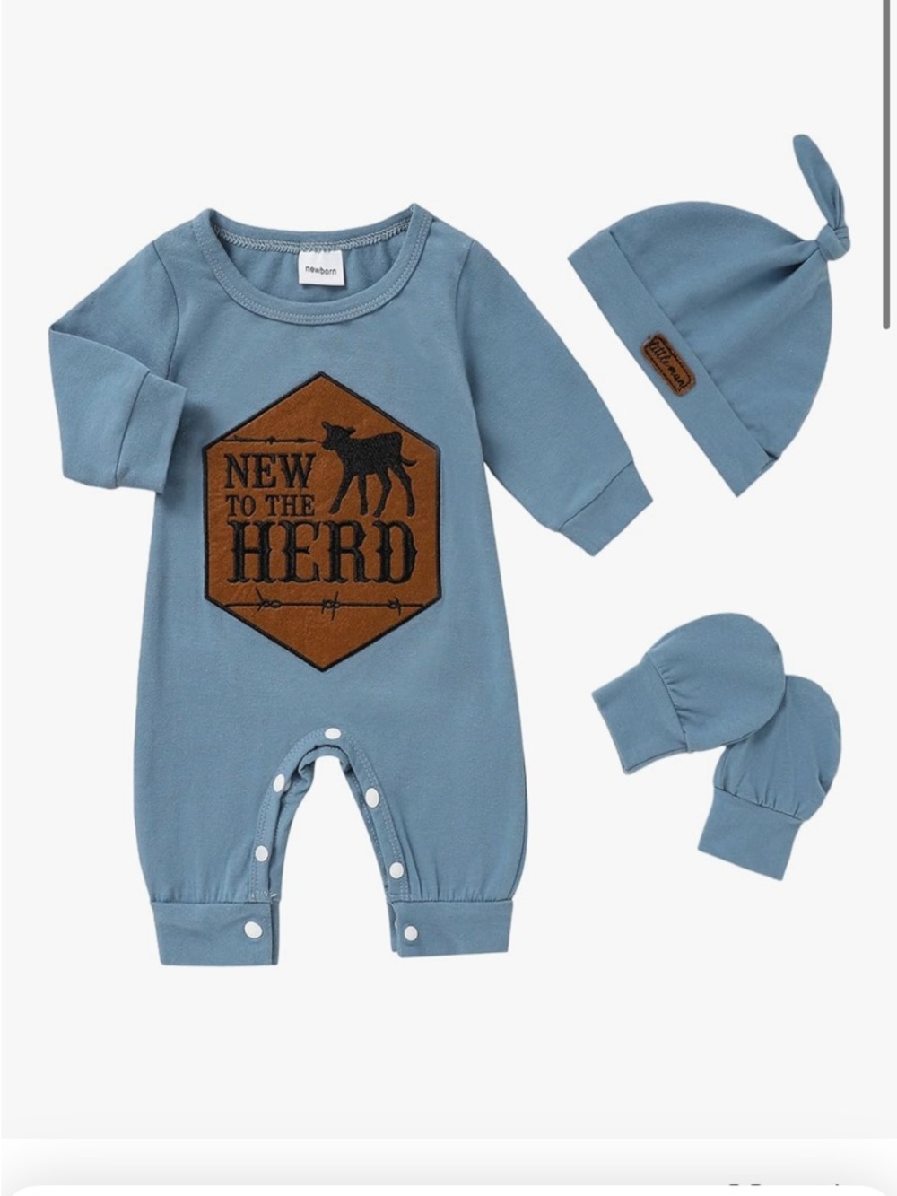 Blue 'New to the Herd' Baby One-Piece with Hat & Mittens